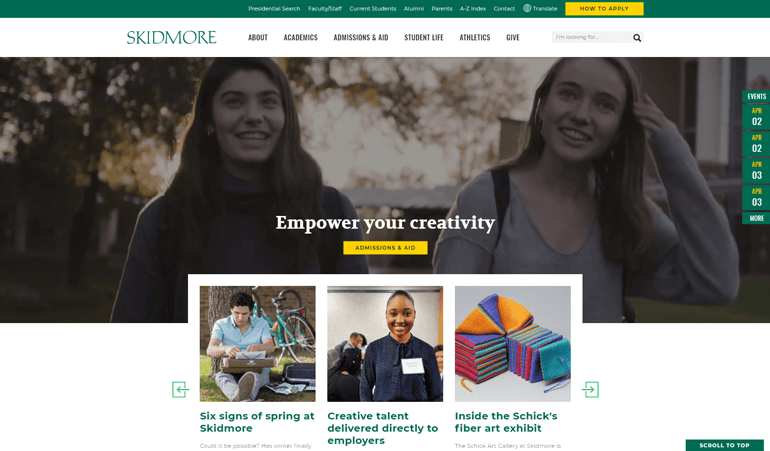 As part of its award-winning marketing campaign, Skidmore College refreshed its website with modern design elements and informative content.
